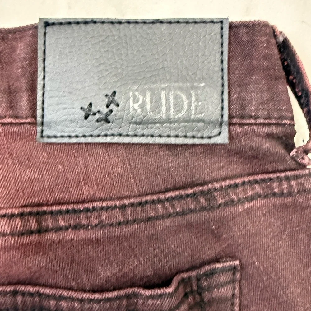 Rude Hot Topic Denim Dark Red Shorts Punk Goth Grunge Mens Skinny Size 32 - Picture 4 of 9